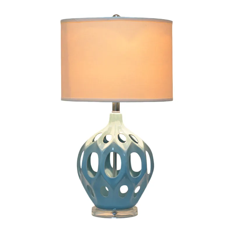 Veilleuse ajourée bleue, lampe de Table traditionnelle en céramique pour salon simple avec abat-jour cylindrique en tissu...