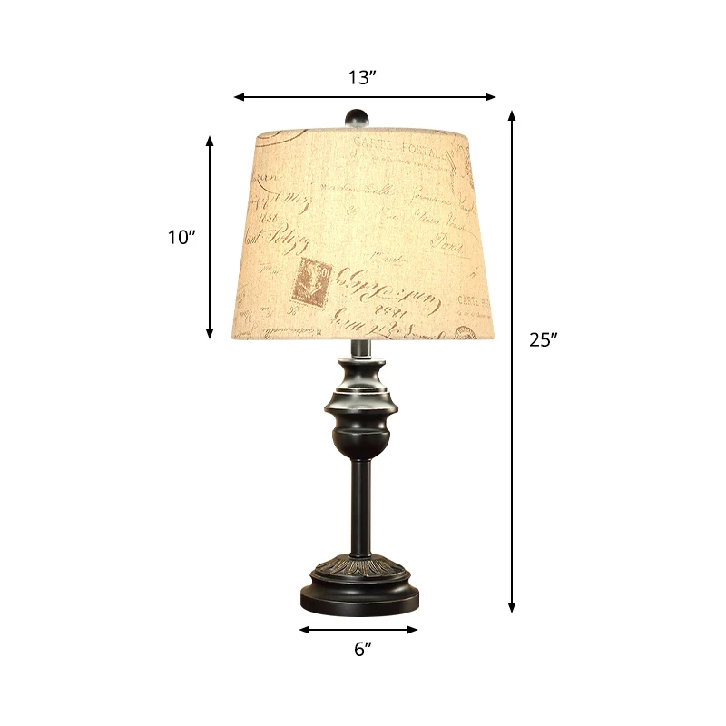 Veilleuse à ampoule unique, éclairage de table en tissu imprimé à tambour conique rustique, noir Clearhalo