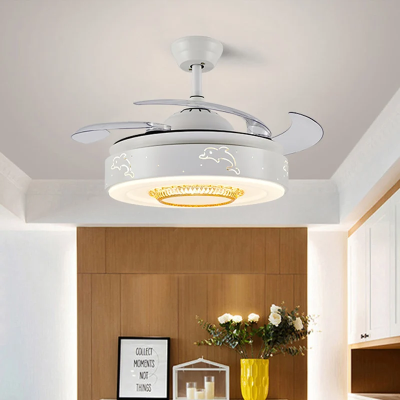 Ventilateur de chambre à coucher à motif de dauphin de 42 po de largeur, éclairage minimalisme en acrylique à LED blanc se...