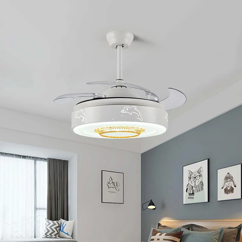 Ventilateur de chambre à coucher à motif de dauphin de 42 po de largeur, éclairage minimalisme en acrylique à LED blanc se...