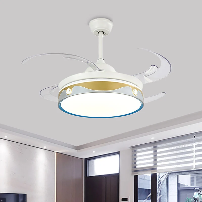 Ventilateur d'intérieur rond blanc allumant un plafonnier semi-monté métallique contemporain à 8 pales LED Clearhalo