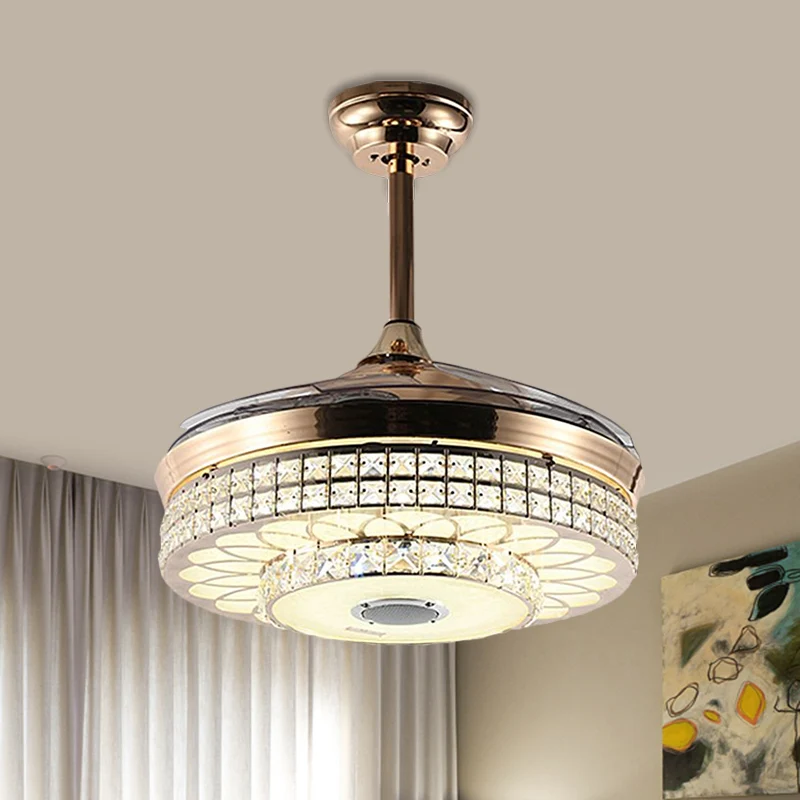 Ventilateur LED suspendu pour salon, moderne, doré, 4 pales, semi-encastré, avec abat-jour rond en cristal à facettes, 48,...