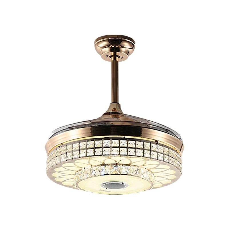 Ventilateur LED suspendu pour salon, moderne, doré, 4 pales, semi-encastré, avec abat-jour rond en cristal à facettes, 48,...