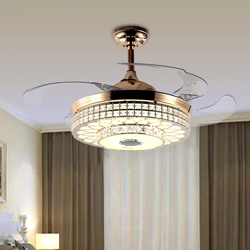 Ventilateur LED suspendu pour salon, moderne, doré, 4 pales, semi-encastré, avec abat-jour rond en cristal à facettes, 48,...