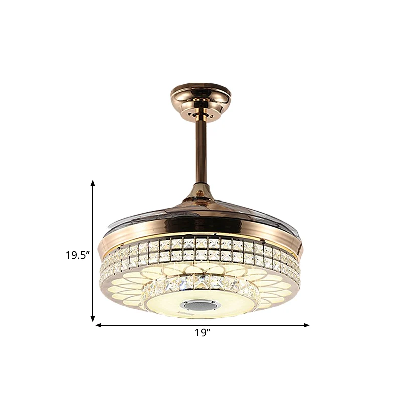 Ventilateur LED suspendu pour salon, moderne, doré, 4 pales, semi-encastré, avec abat-jour rond en cristal à facettes, 48,...