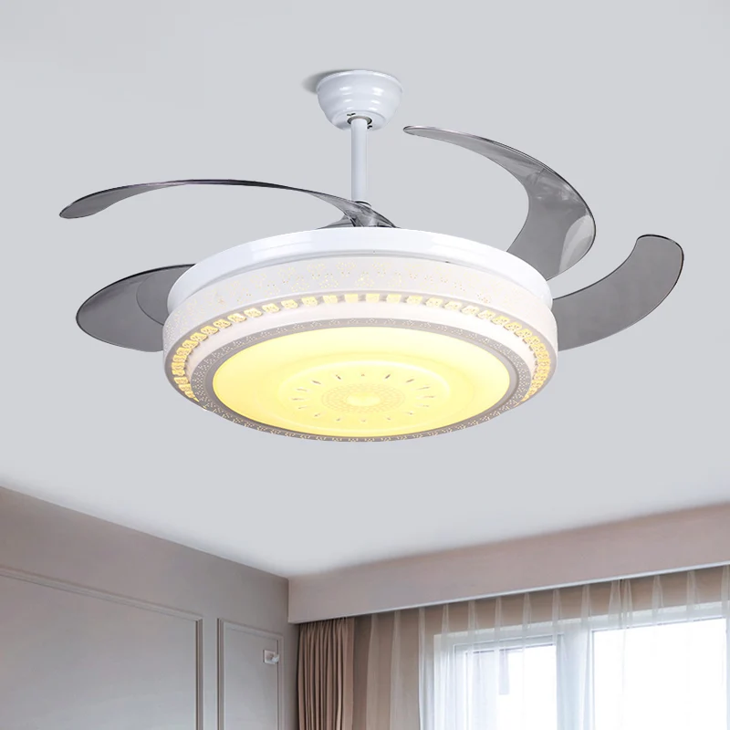 Ventilateur de plafond LED blanc à 4 pales, moderne, cristaux à facettes, semi-encastré circulaire, 52 pouces de large Cle...