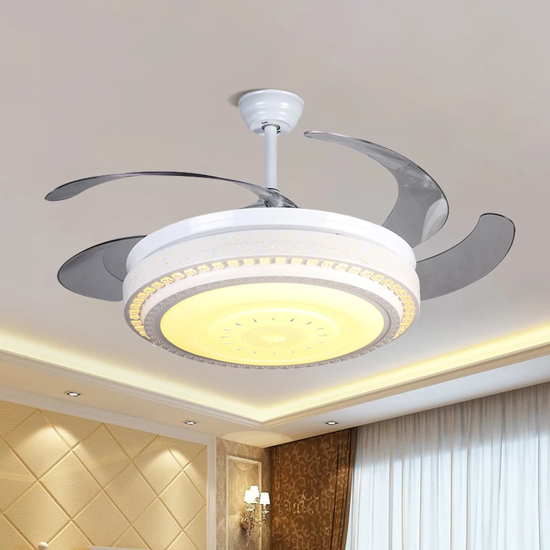 Ventilateur de plafond LED blanc à 4 pales, moderne, cristaux à facettes, semi-encastré circulaire, 52 pouces de large Cle...