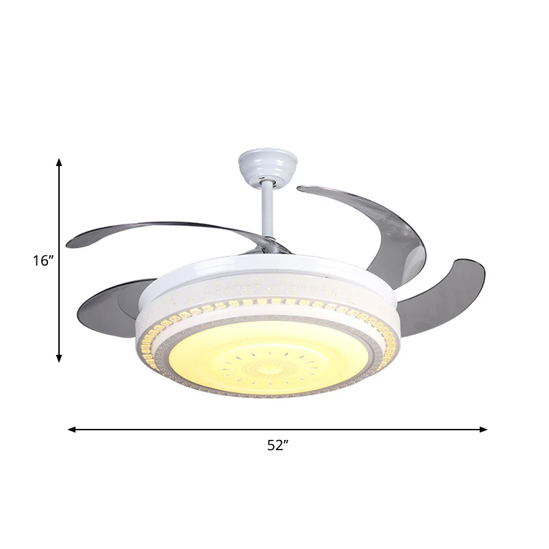 Ventilateur de plafond LED blanc à 4 pales, moderne, cristaux à facettes, semi-encastré circulaire, 52 pouces de large Cle...