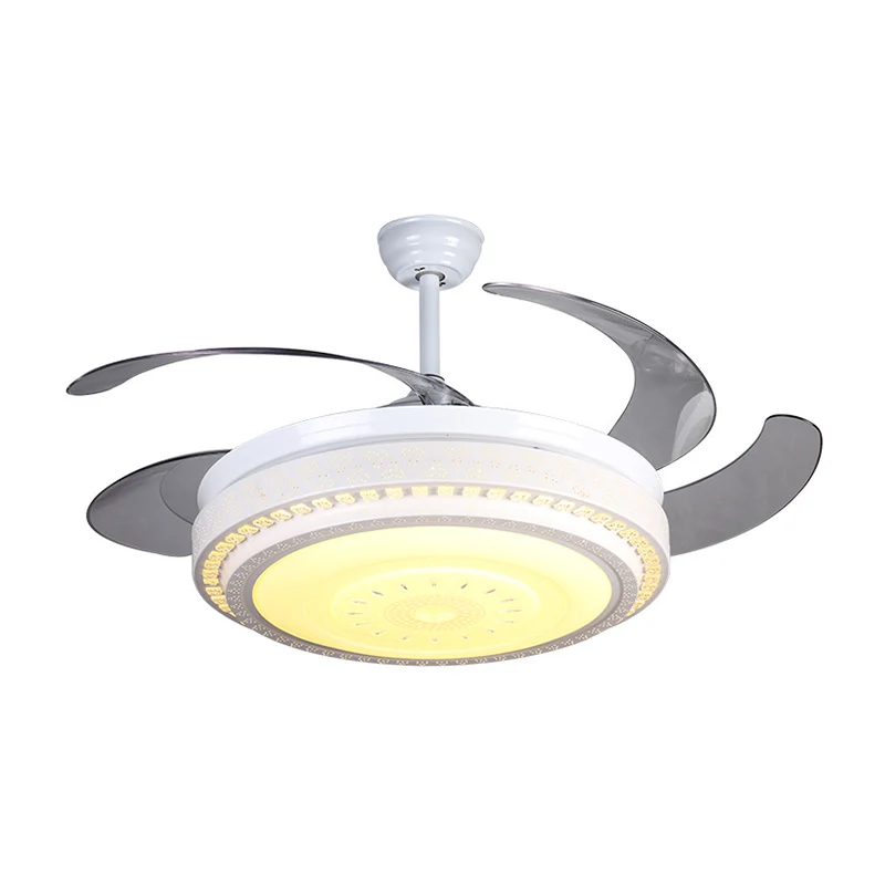 Ventilateur de plafond LED blanc à 4 pales, moderne, cristaux à facettes, semi-encastré circulaire, 52 pouces de large Cle...