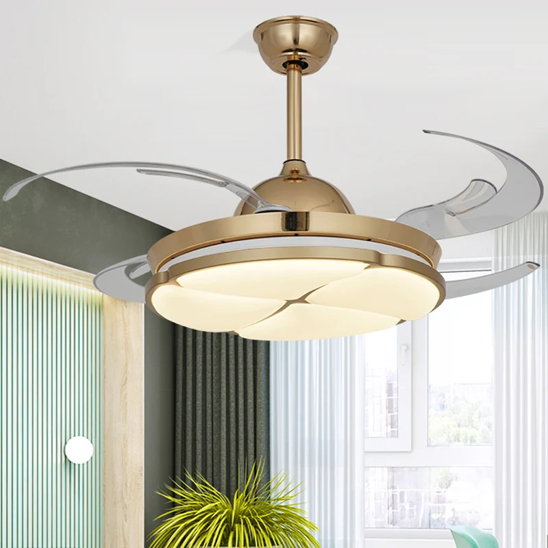 Ventilateur de plafond LED doré, luminaire traditionnel en forme de cercle PC, montage Semi-encastré, pour chambre à couch...