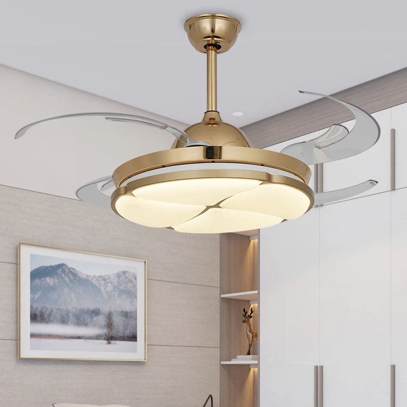 Ventilateur de plafond LED doré, luminaire traditionnel en forme de cercle PC, montage Semi-encastré, pour chambre à couch...