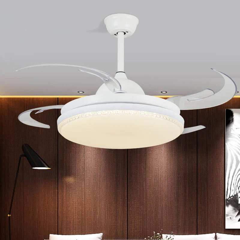Ventilateur suspendu à LED de 42 po de largeur, plafonnier semi-encastré de salon contemporain avec abat-jour rond en acry...