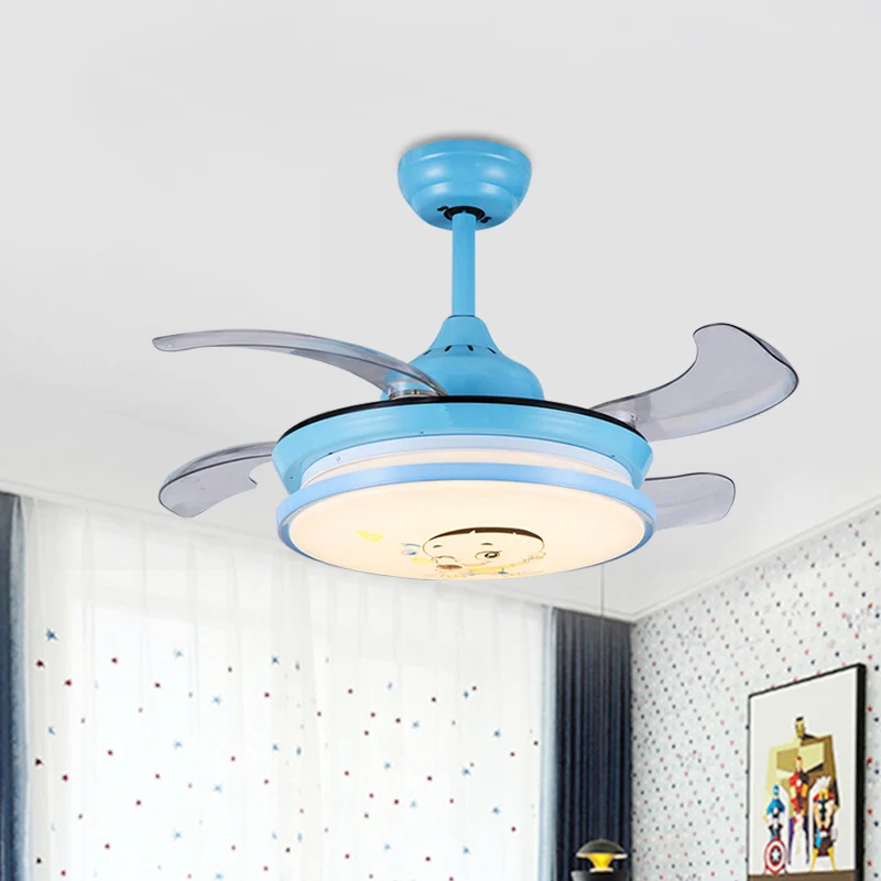 Ventilateur suspendu rond LED pour enfants, éclairage acrylique rose/bleu, 4 pales ABS, montage semi-encastré, mur/télécom...