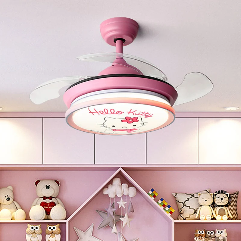 Ventilateur suspendu rond LED pour enfants, éclairage acrylique rose/bleu, 4 pales ABS, montage semi-encastré, mur/télécom...