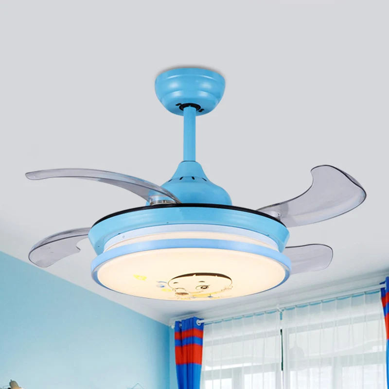 Ventilateur suspendu rond LED pour enfants, éclairage acrylique rose/bleu, 4 pales ABS, montage semi-encastré, mur/télécom...
