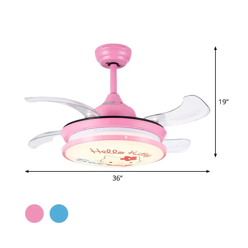 Ventilateur suspendu rond LED pour enfants, éclairage acrylique rose/bleu, 4 pales ABS, montage semi-encastré, mur/télécom...