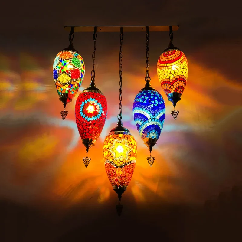 Waterdrop Chambre Multi Lumière Pendentif Vintage Vitrail 5 Têtes Rouge/Jaune/Orange Plafonnier Clearhalo
