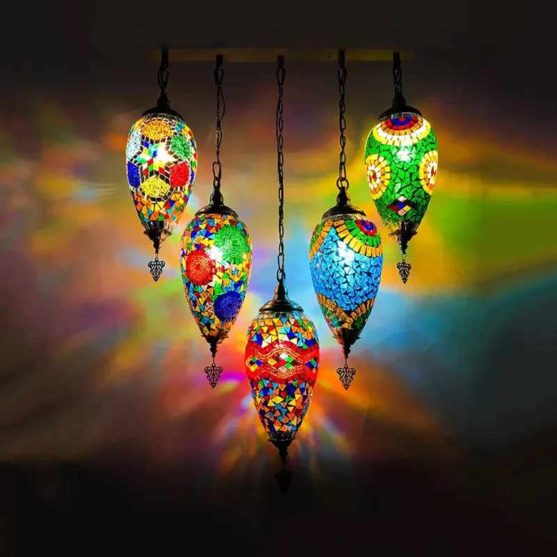 Waterdrop Chambre Multi Lumière Pendentif Vintage Vitrail 5 Têtes Rouge/Jaune/Orange Plafonnier Clearhalo
