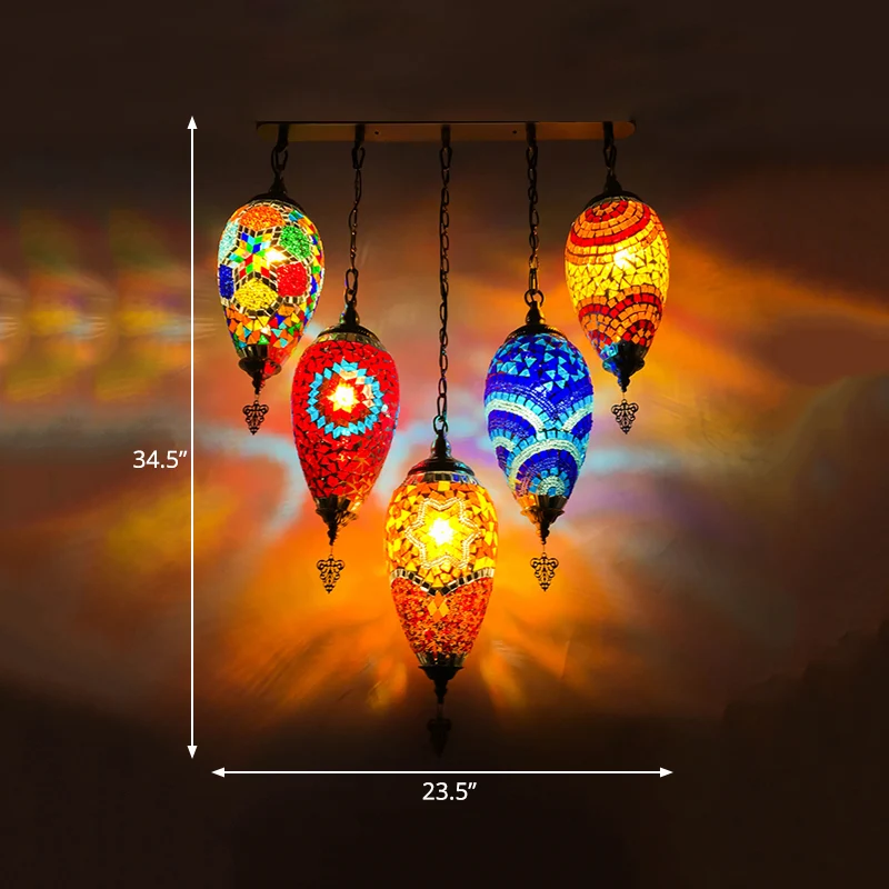 Waterdrop Chambre Multi Lumière Pendentif Vintage Vitrail 5 Têtes Rouge/Jaune/Orange Plafonnier Clearhalo
