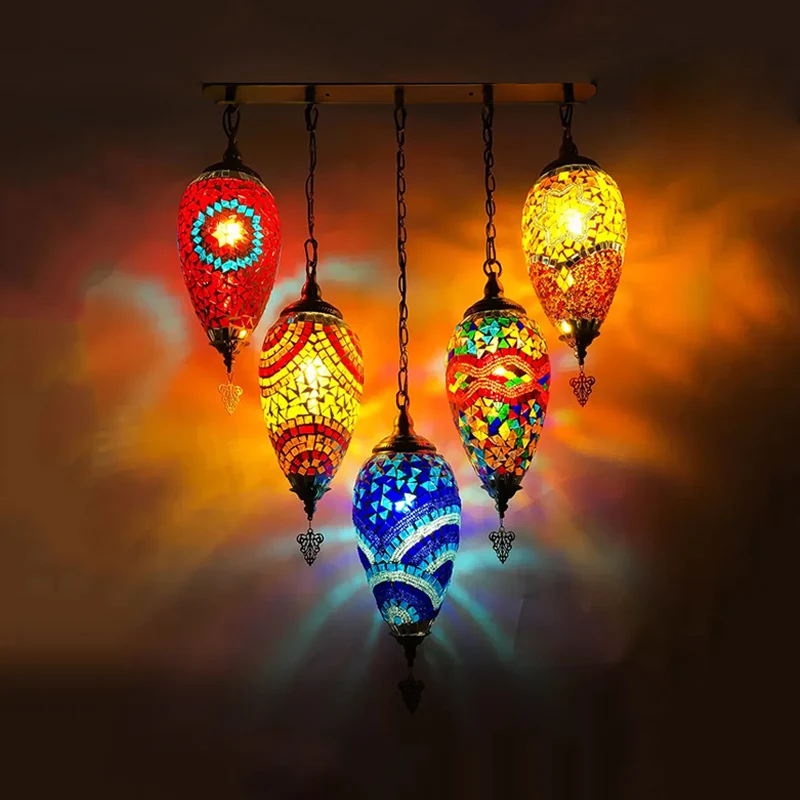 Waterdrop Chambre Multi Lumière Pendentif Vintage Vitrail 5 Têtes Rouge/Jaune/Orange Plafonnier Clearhalo