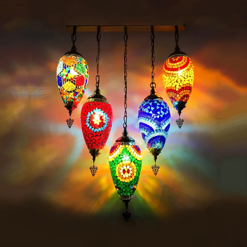 Waterdrop Chambre Multi Lumière Pendentif Vintage Vitrail 5 Têtes Rouge/Jaune/Orange Plafonnier Clearhalo