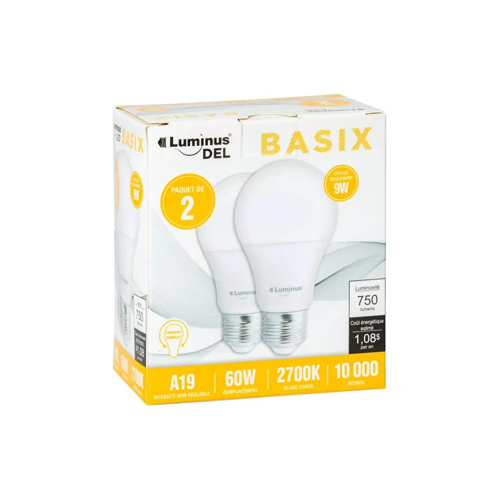 Luminus Led Basix Pqt de 2 Ampoules Blanc Chaud A19 2700K CONGLOM