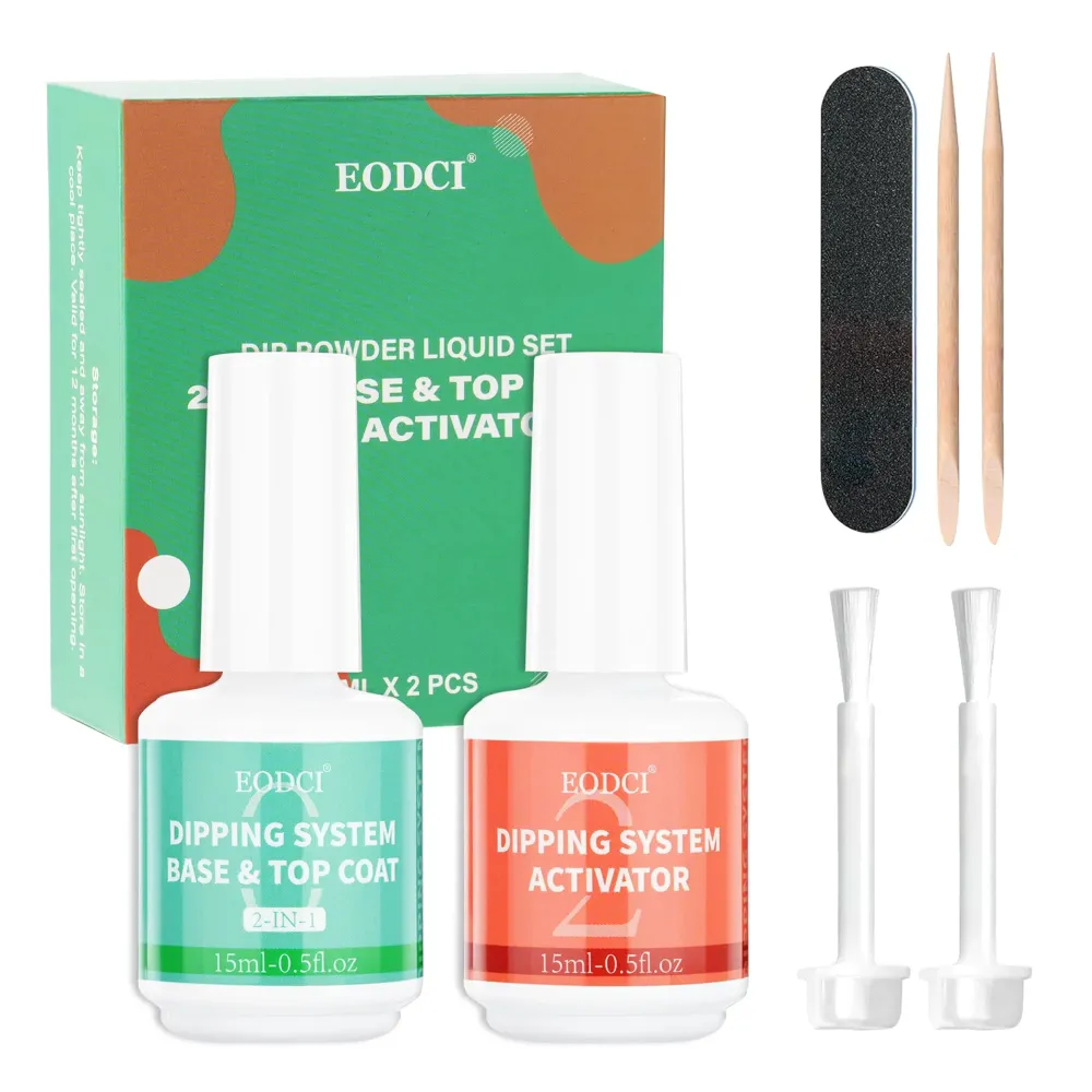 Kit EODCI 2 en 1 Dip Powder – Base et Top Coat, Activator, Sans Lampe UV, Séchage Rapide, 15 ml