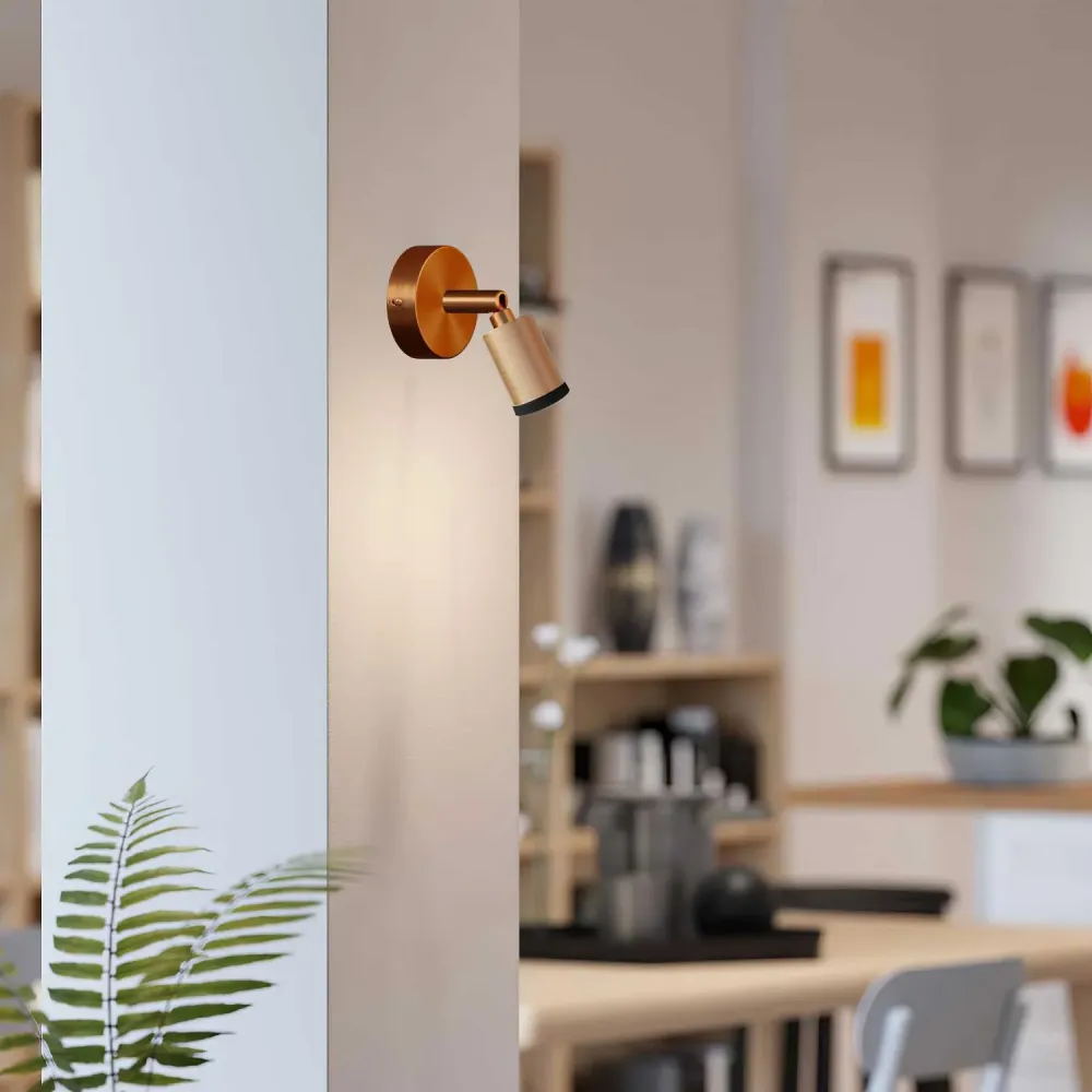 Fermaluce spot Mini Spotlight GU1d0, lampe orientable murale ou plafond avec articulation - Cuivre satiné