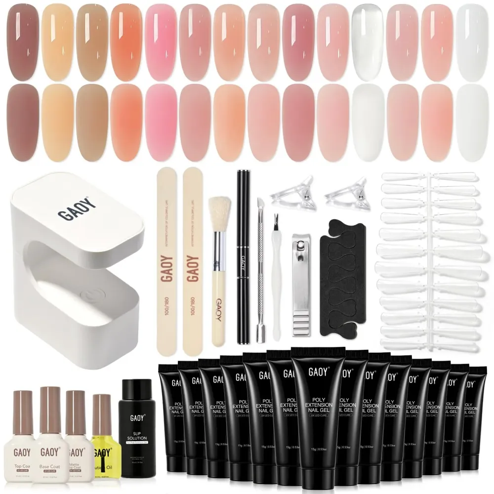 GAOY Kit Poly Gel Ongles avec Lampe UV – 14 Couleurs Nude/Rose/Clair Jelly Builder – Tout-en-un