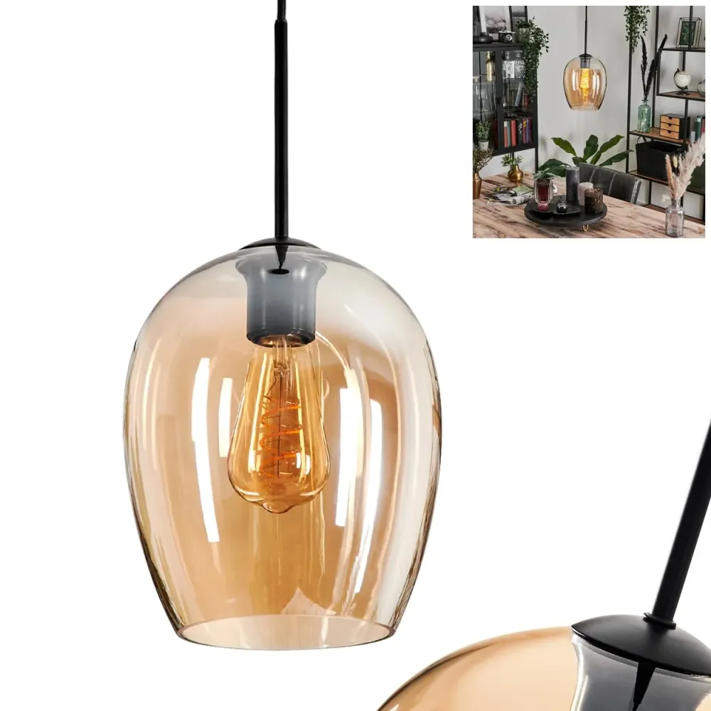 Suspension Vevino, suspension en métal/verre en noir/ambre, luminaire avec abat-jour en verre (Ø 20 cm), hauteur max. 150...