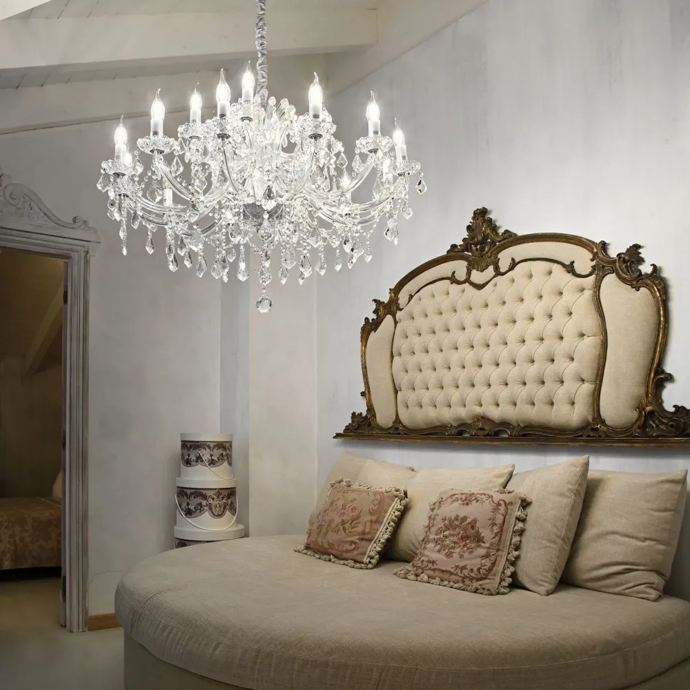 Lámpara colgante Ideal Lux Napoleon dorado cristal y cerámica 12 luces 480W Ø74cm 167404