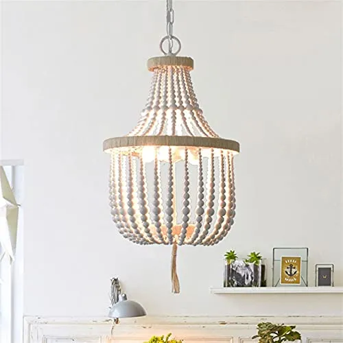 ITOSUI Lustre en perles de bois de style pastoral bohème, luminaire suspendu à finition blanche, lampe à suspension en per...