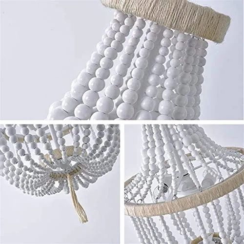 ITOSUI Lustre en perles de bois de style pastoral bohème, luminaire suspendu à finition blanche, lampe à suspension en per...