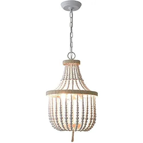 ITOSUI Lustre en perles de bois de style pastoral bohème, luminaire suspendu à finition blanche, lampe à suspension en per...