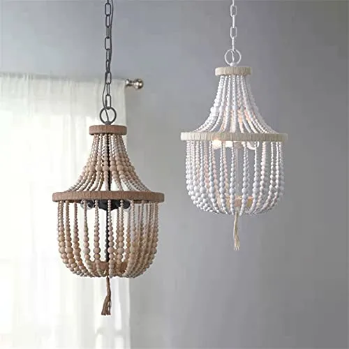 ITOSUI Lustre en perles de bois de style pastoral bohème, luminaire suspendu à finition blanche, lampe à suspension en per...