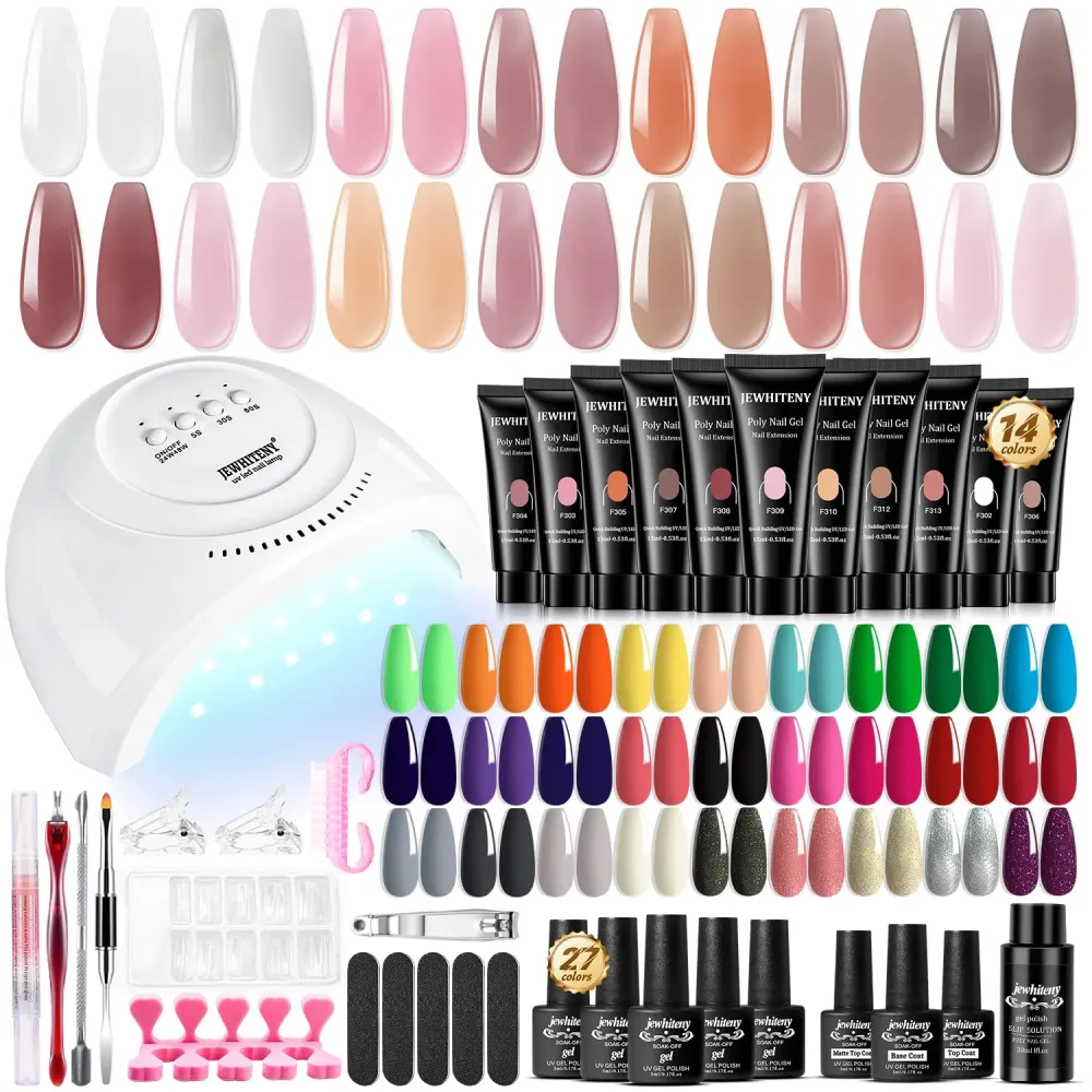 JEWHITENY Kit Ongles Poly Gel : 14 Couleurs + 27 Vernis Gel + Lampe UV 48W – Tout-en-Un