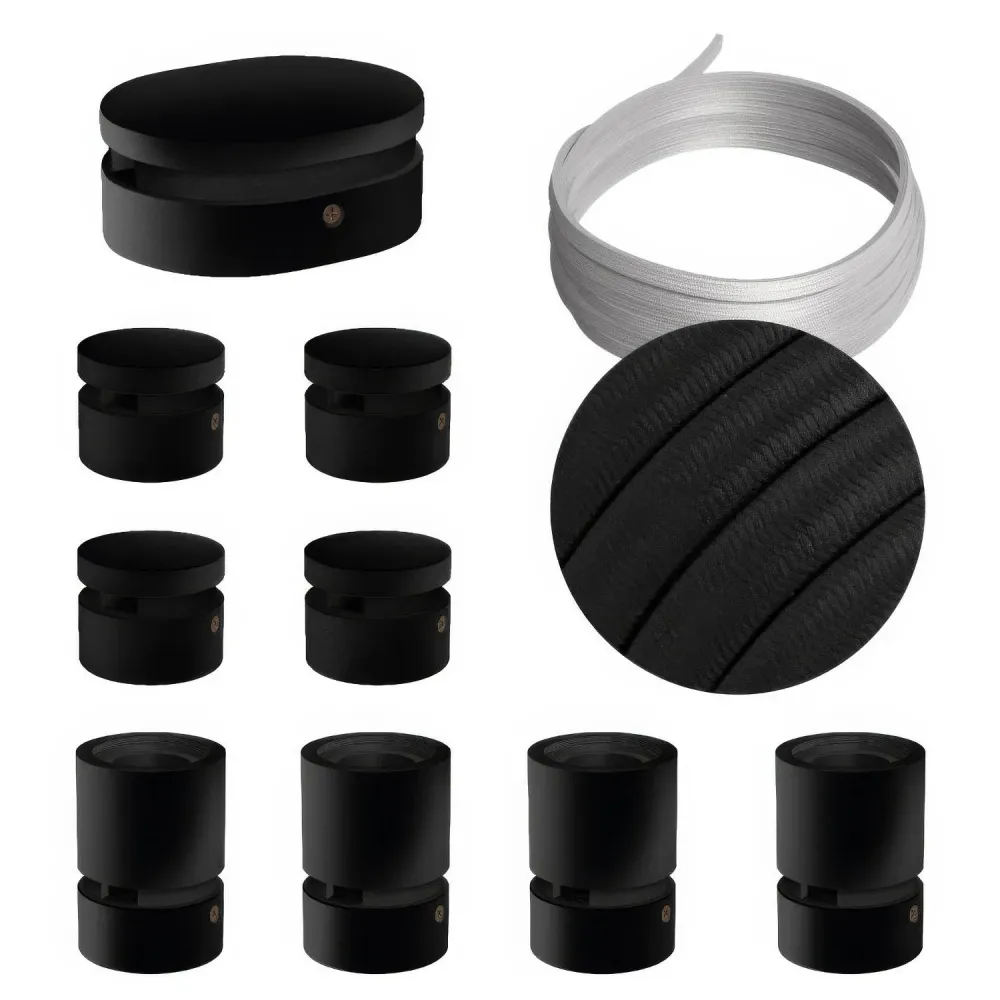 Kit Système Filé Symmetric - avec câble CM04 de 5 m pour guirlande lumineuse et 9 composants en bois peint noir pour intér...