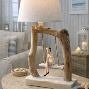 Lampe artisanale en bois flotté avec figurine baigneuse (Pièce unique)
