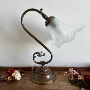 Lampe col de cygne bois et laiton globe tulipe blanc