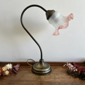Lampe col de cygne en laiton globe tulipe couleur rose orangé