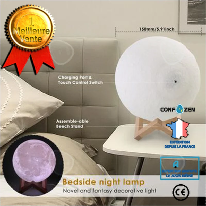 Lampe Lune,15cm Lampe 3D de Lune 16 Couleurs Port d'USB avec Support en Bois,Lampe Poser,Cadeau de Noël