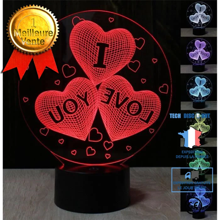 TD® Lampe optique poser décoratif tactile 7 couleurs illusion optique - modèle je t'aime - faible consommation câble USB 3...