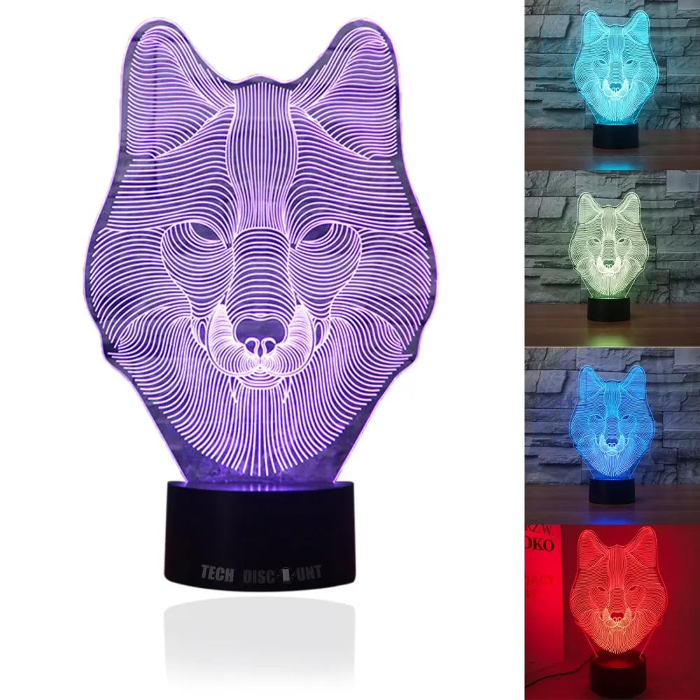 TD® Lampe optique poser décoratif tactile 7 couleurs illusion optique - modèle loup - faible consommation câble USB ou 3 p...