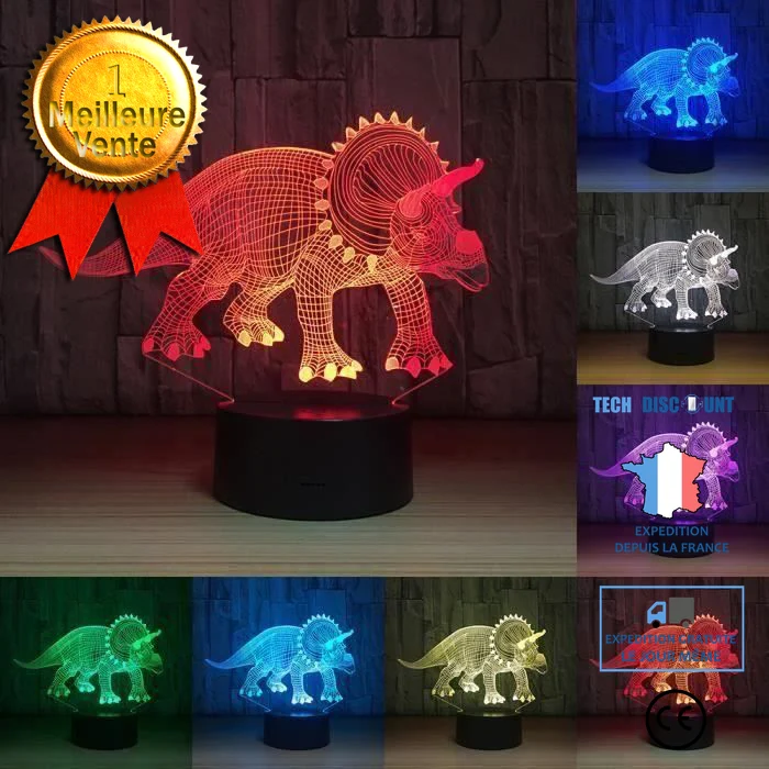 TD® Lampe optique poser décoratif tactile 7 couleurs illusion optique - modèle dinosaure - faible consommation câble USB 3...