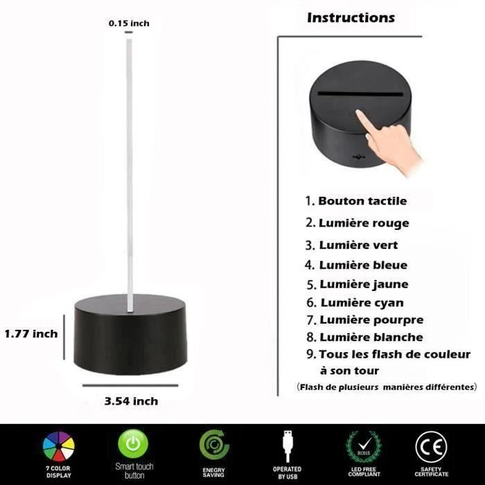 TD® Lampe optique poser décoratif tactile 7 couleurs illusion optique - modèle dinosaure - faible consommation câble USB 3...