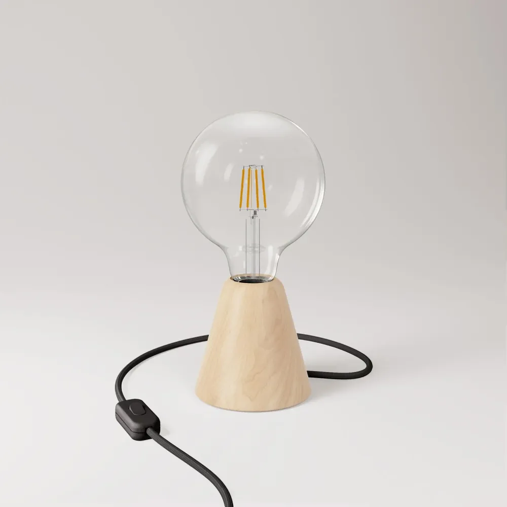 Lampe de table avec base en aulne, ampoule transparente, câble RM04 et fiche UK