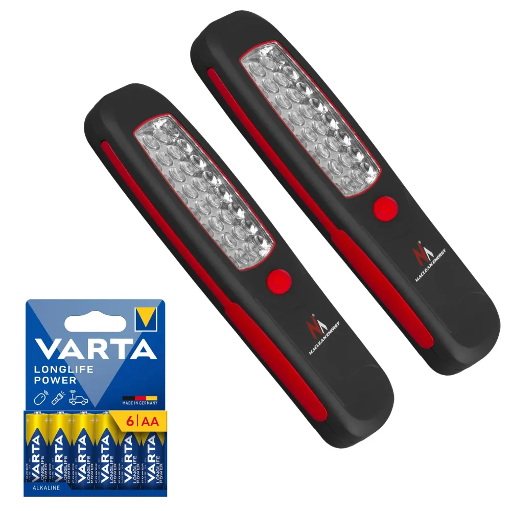 2 lampes d'atelier Maclean à 24 LED, aimant, crochet, MCE03 + 6 piles R-06 R06 AA LR06 1,5 V VARTA Longlife Power