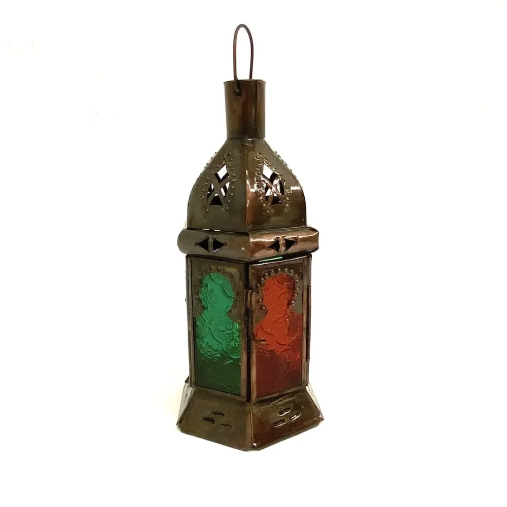 Lanterne arabe hexagonale en fer forgé et verre 22x10