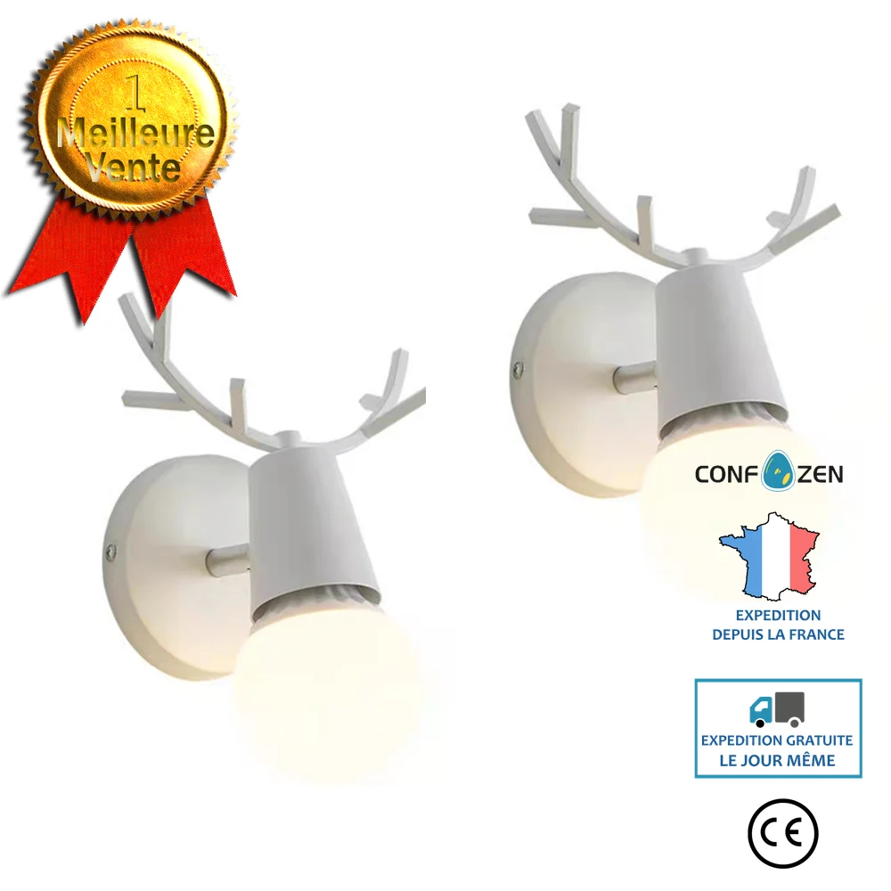Lot de 2 Applique Murale Moderne Lampes Murale Interieur avec Décoration de Bois de Cerf Lampe de Mur Métal pou