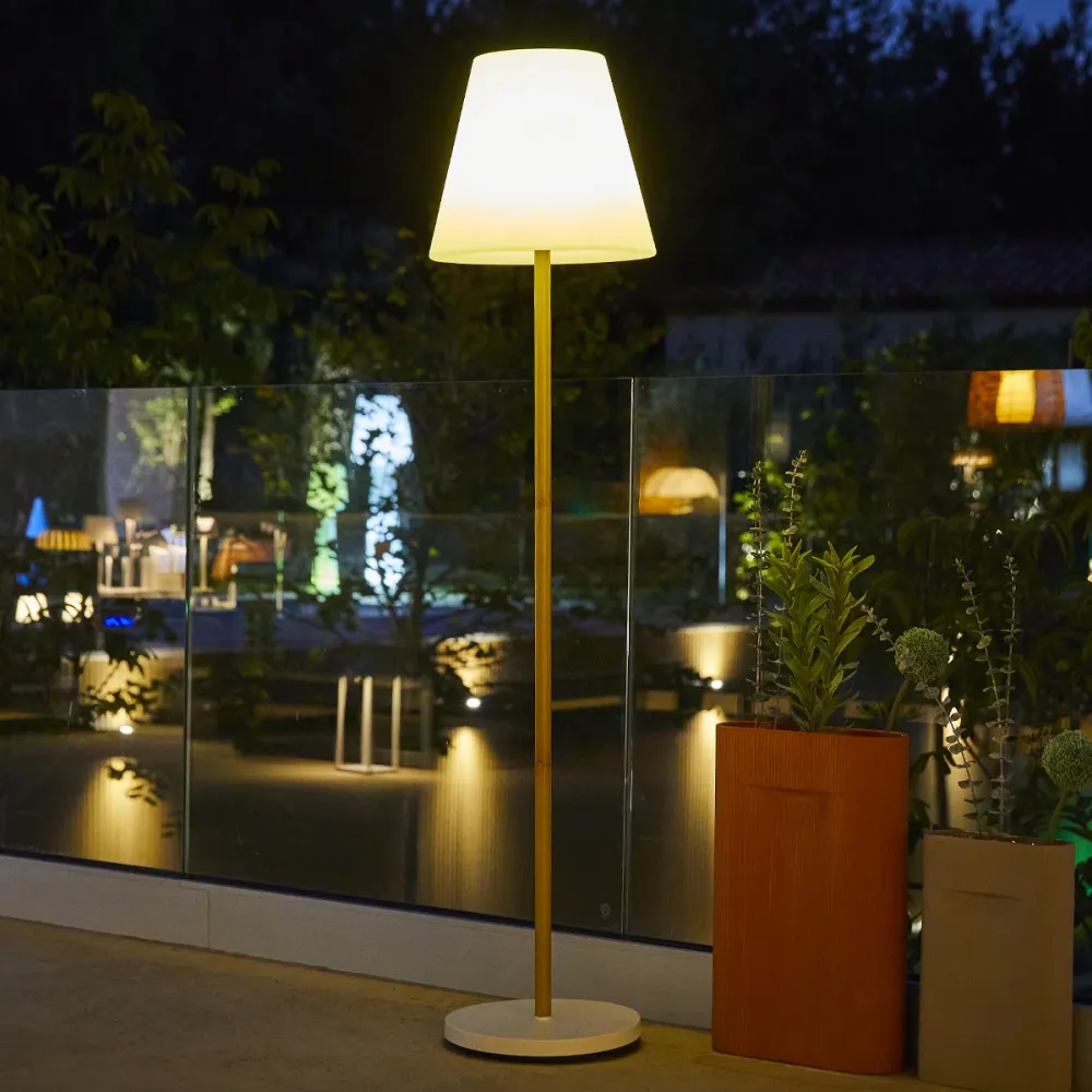 Lampadaire lumineux solaire et rechargeable pied métal couleur bois design scandinave LED blanc chaud/blanc dimmable STAND...